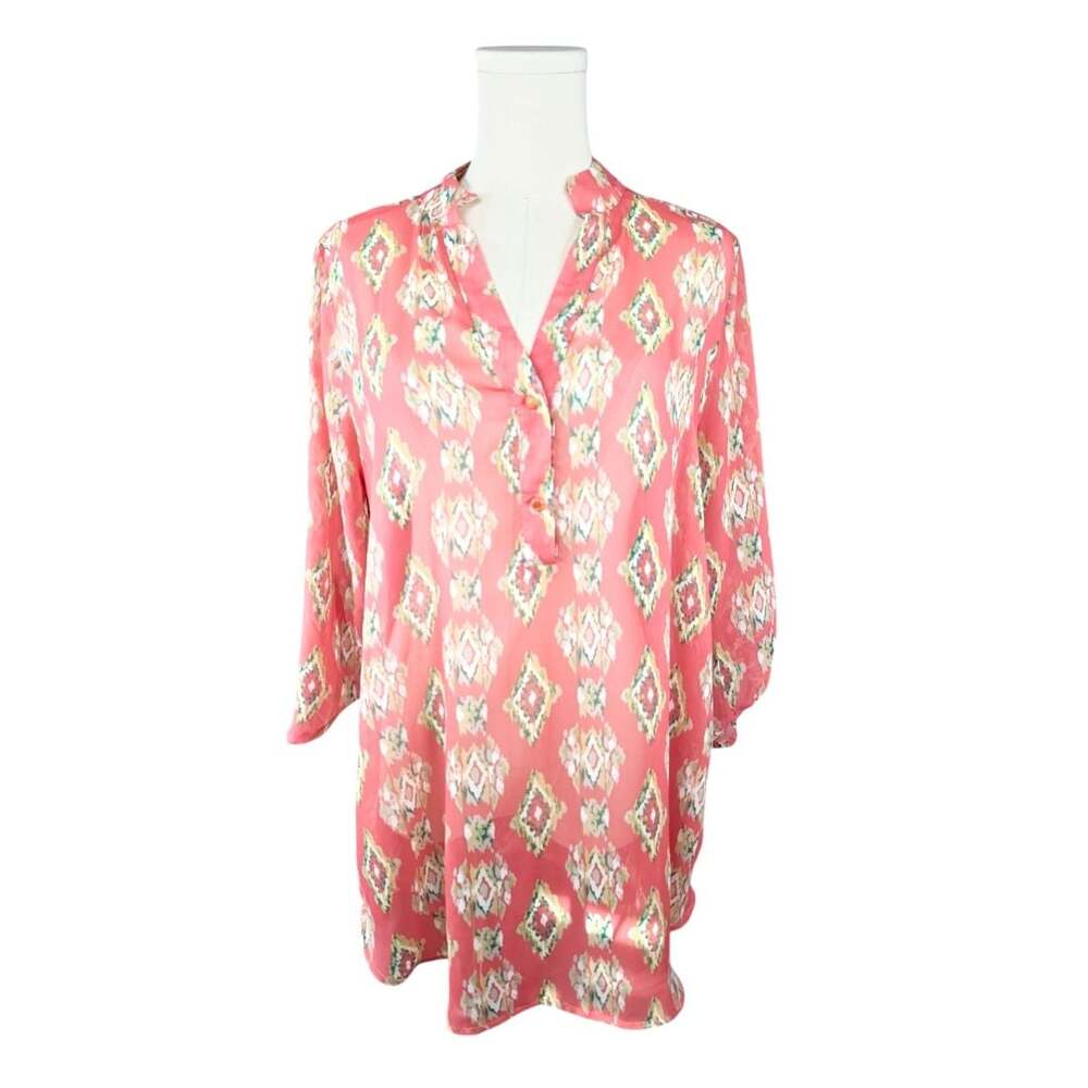 Daytrip Coral Pink Geometric Ikat Print Roll-Tab Sheer Tunic Blouse Sz. L
